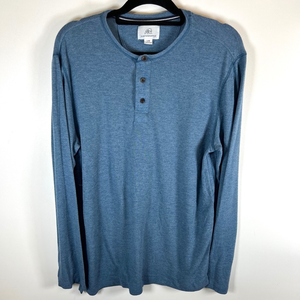 Surfside Supply Mens Long Sleeve Henley Shirt Blue Heathered Knit Size Large‎